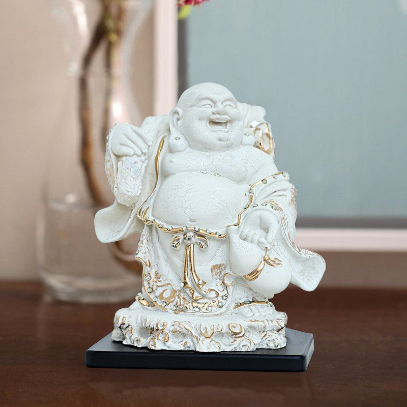 Artistic Artisan Ployresin Lord Buddha Standing With Laughing White Colour With Golden Border Figure Centerpiece Home Home Decor Office Decoration Spiritual Gift Luxurious Accent 1 Handcrafted Ployresin Lord Buddha Standing With Laughing White Colour With Golden Border Statue Showpiece Home Decor/Office Decor/Spiritual Gift - Karigaari India Aesthetic Home Decor