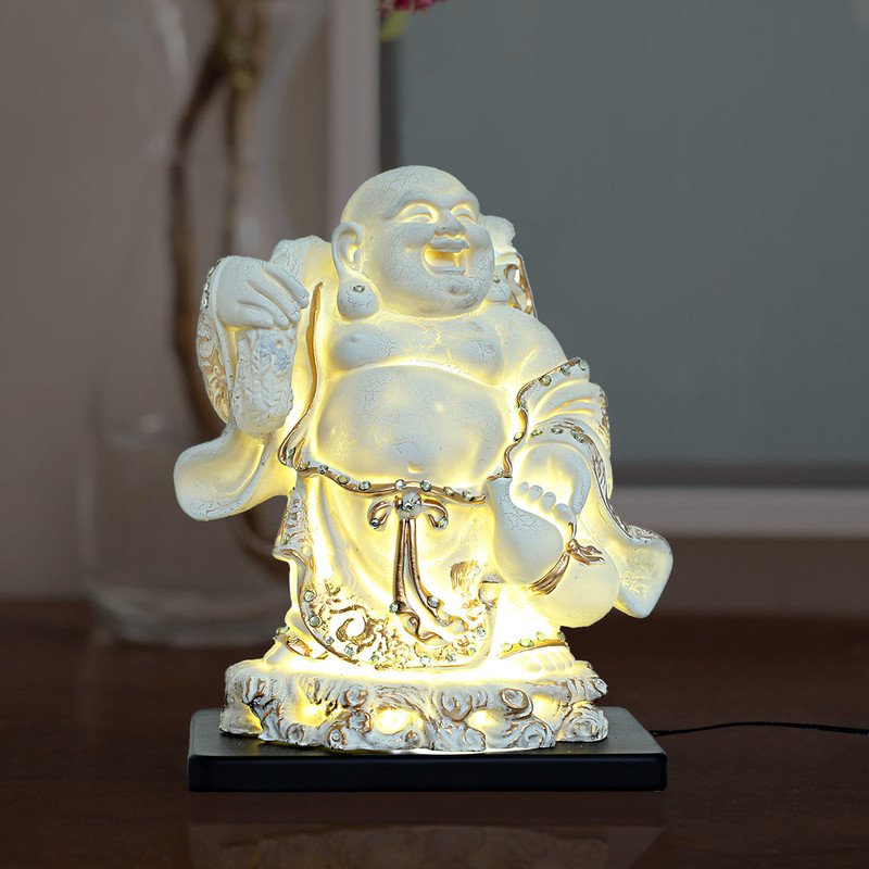 Artistic Artisan Ployresin Lord Buddha Standing With Laughing White Colour With Golden Border Figure Centerpiece Home Home Decor Office Decoration Spiritual Gift Luxurious Accent 2 Handcrafted Ployresin Lord Buddha Standing With Laughing White Colour With Golden Border Statue Showpiece Home Decor/Office Decor/Spiritual Gift - Karigaari India Aesthetic Home Decor