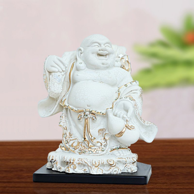 Artistic Artisan Ployresin Lord Buddha Standing With Laughing White Colour With Golden Border Figure Centerpiece Home Home Decor Office Decoration Spiritual Gift Luxurious Accent 3 Handcrafted Ployresin Lord Buddha Standing With Laughing White Colour With Golden Border Statue Showpiece Home Decor/Office Decor/Spiritual Gift - Karigaari India Aesthetic Home Decor