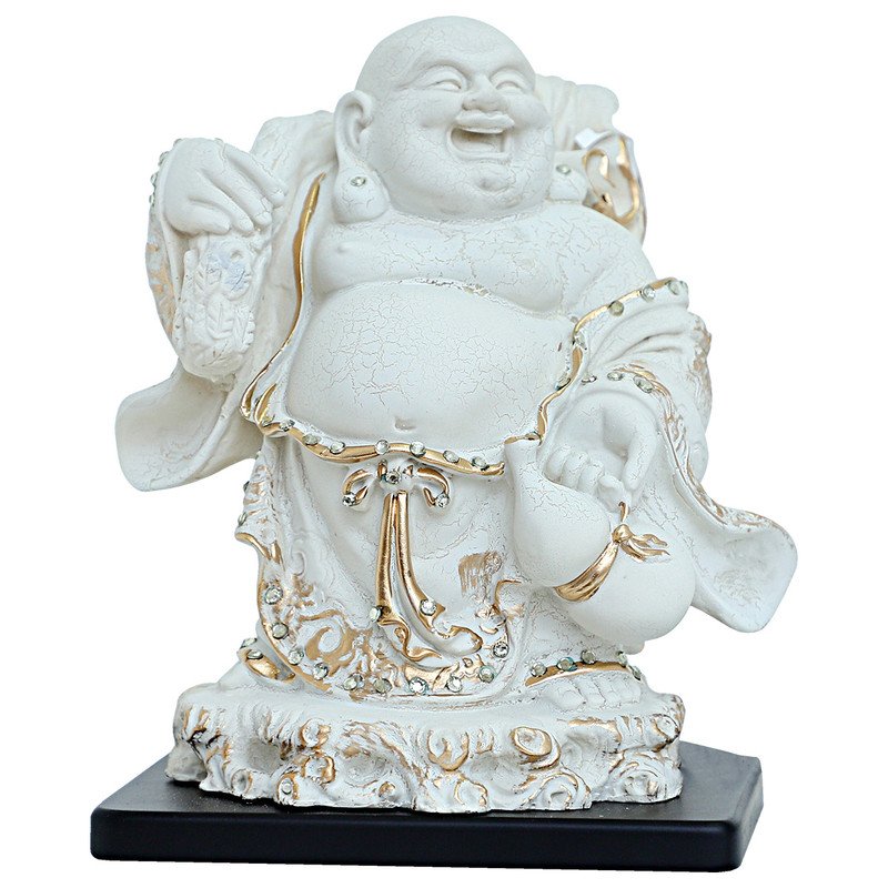 Artistic Artisan Ployresin Lord Buddha Standing With Laughing White Colour With Golden Border Figure Centerpiece Home Home Decor Office Decoration Spiritual Gift Luxurious Accent 4 Handcrafted Ployresin Lord Buddha Standing With Laughing White Colour With Golden Border Statue Showpiece Home Decor/Office Decor/Spiritual Gift - Karigaari India Aesthetic Home Decor