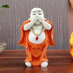 Handcrafted Ployresin Lord Buddha Standing With Putting Hand On Mouth Statue Showpiece Home Decor/Office Decor/Spiritual Gift, White And Orange - Karigaari India Aesthetic Home Decor
