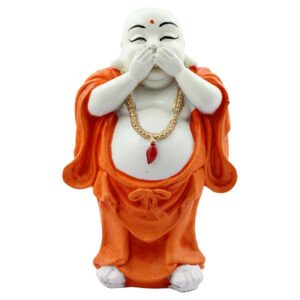 Handcrafted Ployresin Lord Buddha Standing With Putting Hand On Mouth Statue Showpiece Home Decor/Office Decor/Spiritual Gift, White And Orange - Karigaari India Aesthetic Home Decor