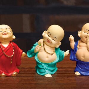 Handcrafted Ployresin Three Pieces Standing And Sitting, Laughing ,Happy Lord Buddha Statue Showpiece Home Decor/Office Decor/Spiritual Gift, Green, Orange And Blue Colour - Karigaari India Aesthetic Home Decor