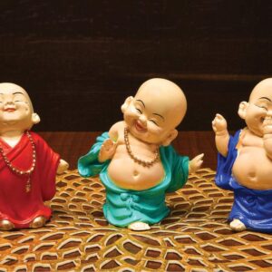 Handcrafted Ployresin Three Pieces Standing And Sitting, Laughing ,Happy Lord Buddha Statue Showpiece Home Decor/Office Decor/Spiritual Gift, Green, Orange And Blue Colour - Karigaari India Aesthetic Home Decor