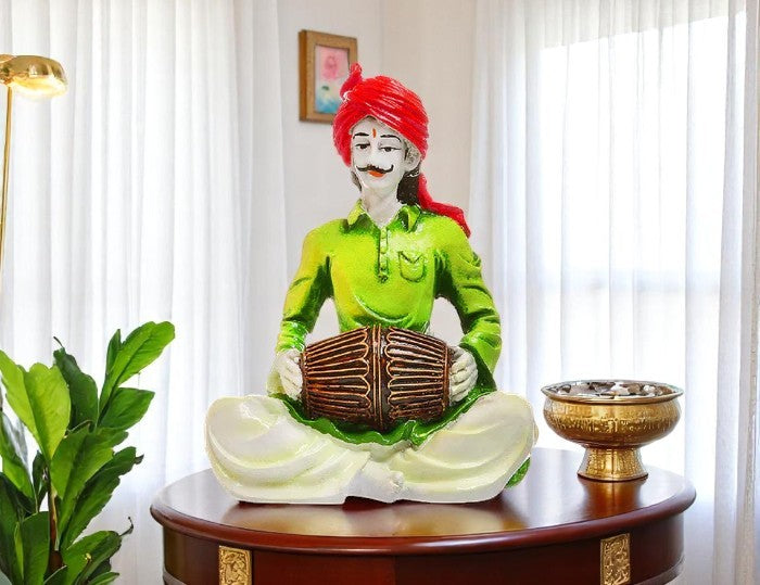 Artistic Classic Sounds Of Rajasthan One Of A Kind Resin Man With Drum Figurine Indian Folk Music Decor Modern Ornament 2 Traditional Sounds of Rajasthan: Unique Resin Man with Drum Statue - Indian Folk Music Decor - Karigaari India Aesthetic Home Decor