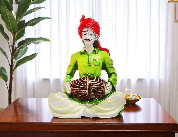Artistic Classic Sounds Of Rajasthan One Of A Kind Resin Man With Drum Figurine Indian Folk Music Decor Modern Ornament 3 Traditional Sounds of Rajasthan: Unique Resin Man with Drum Statue - Indian Folk Music Decor - Karigaari India Aesthetic Home Decor
