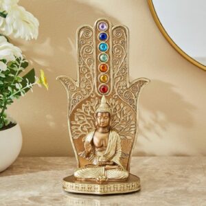 Golden seven Chakras and Buddha Statue with Hamsa Hand Resin Spiritual Decor for Home, Office & Gifting - Karigaari India Aesthetic Home Decor