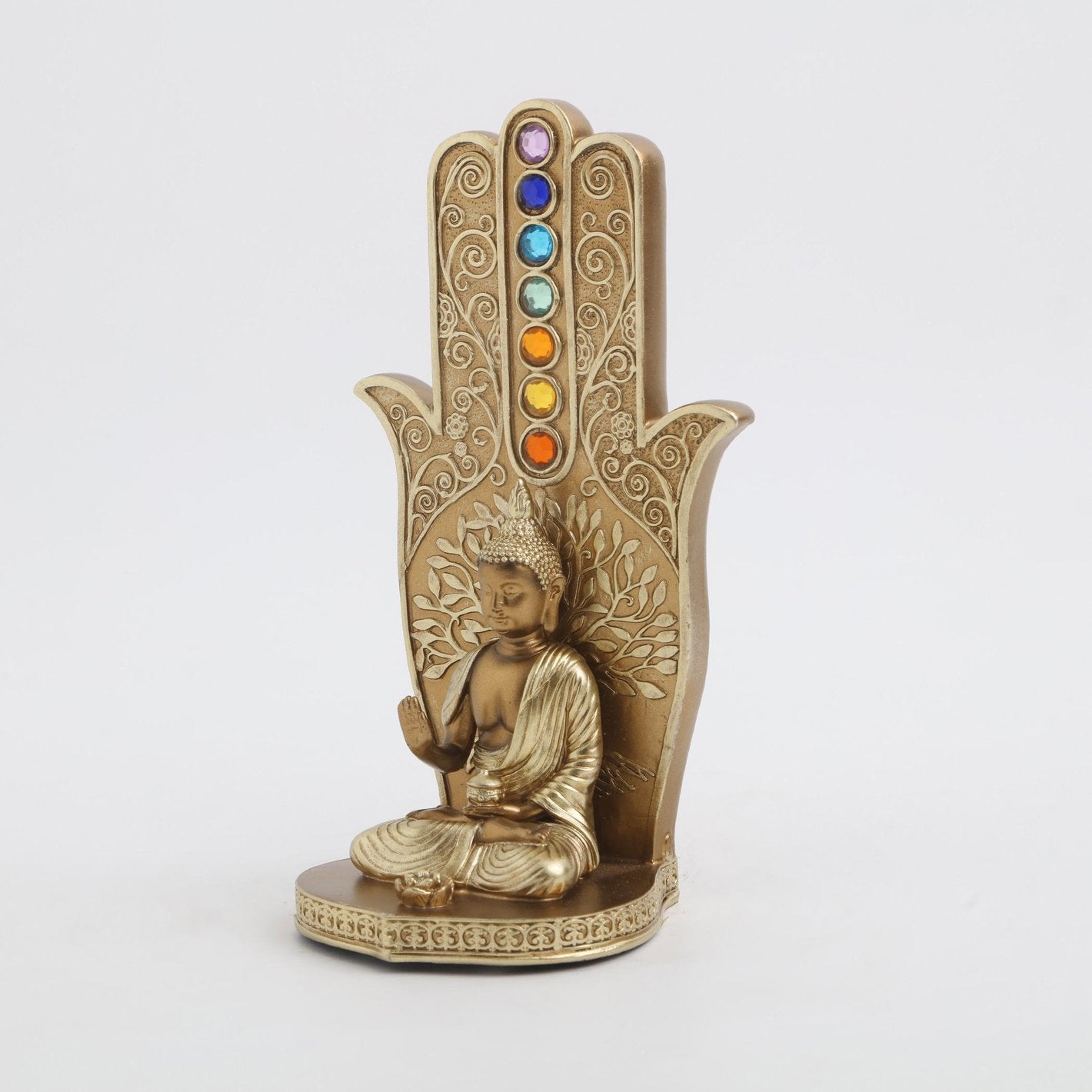 Artistic Golden Seven Chakras And Buddha Idol With Hamsa Artisan Resin Spiritual Decoration For Home Office Gifting Premium Home Decor 2 Golden seven Chakras and Buddha Statue with Hamsa Hand Resin Spiritual Decor for Home, Office & Gifting - Karigaari India Aesthetic Home Decor