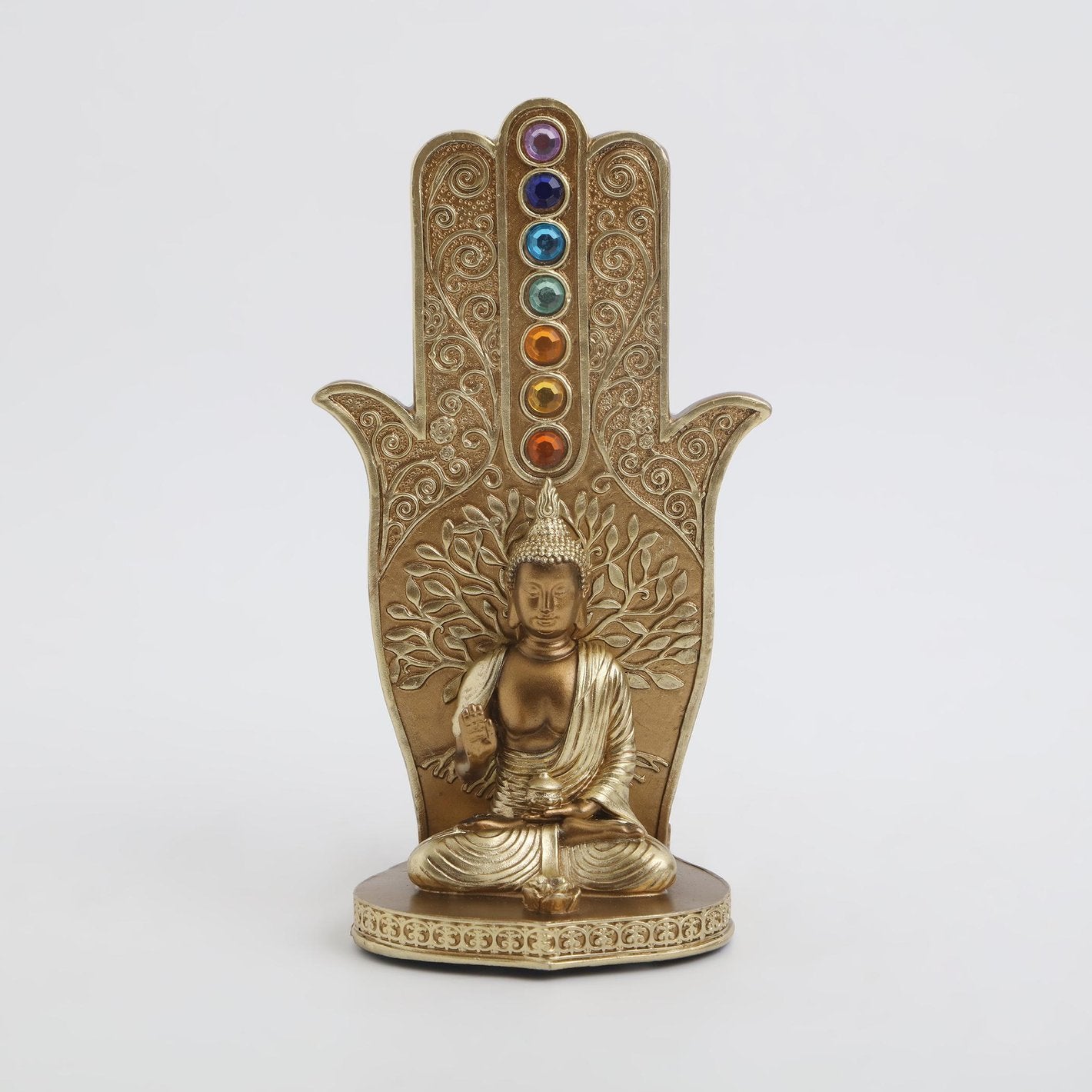 Artistic Golden Seven Chakras And Buddha Idol With Hamsa Artisan Resin Spiritual Decoration For Home Office Gifting Premium Home Decor 3 Golden seven Chakras and Buddha Statue with Hamsa Hand Resin Spiritual Decor for Home, Office & Gifting - Karigaari India Aesthetic Home Decor
