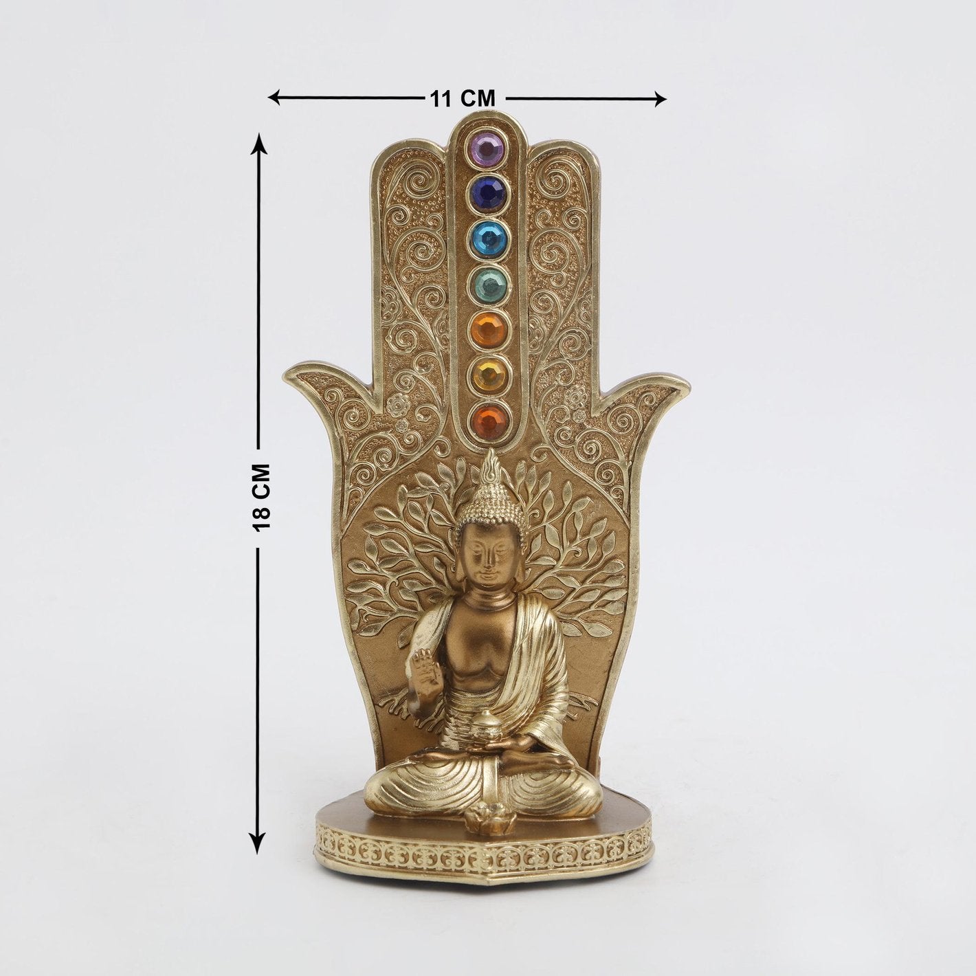 Artistic Golden Seven Chakras And Buddha Idol With Hamsa Artisan Resin Spiritual Decoration For Home Office Gifting Premium Home Decor 5 Golden seven Chakras and Buddha Statue with Hamsa Hand Resin Spiritual Decor for Home, Office & Gifting - Karigaari India Aesthetic Home Decor