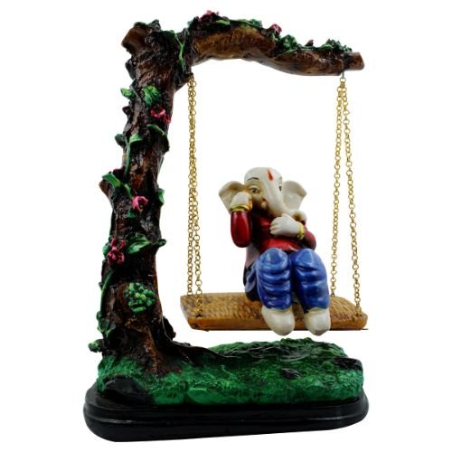 Lord Ganesha Sitting on Jhula Under Tree Multicolor Idol for Home Decor - Karigaari India Aesthetic Home Decor