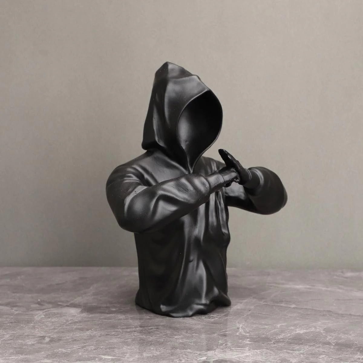 Artistic Mysterious Black Resin Hooded Faceless Man Figure Modern Contemporary Statue For Home Decor Office One Of A Kind Gifting Decorative Piece 1