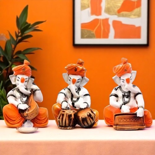 Artistic One Of A Kind Design Three Little Lord Ganesha Playing Instruments Figurine Orange Best Item For Home Home Decor Stylish Accent 1 Unique Design Three Little Lord Ganesha Playing Instruments Idol Orange Best Item for Home Decor - Karigaari India Aesthetic Home Decor