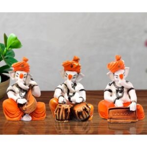 Unique Design Three Little Lord Ganesha Playing Instruments Idol Orange Best Item for Home Decor - Karigaari India Aesthetic Home Decor