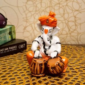 Unique Little Lord Ganesha Playing Tabla Idol Orange Best for Home Decor - Karigaari India Aesthetic Home Decor