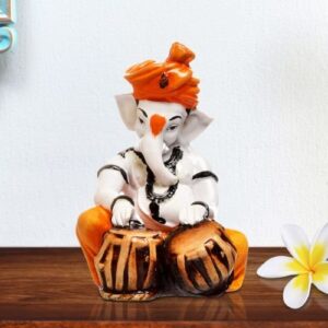 Unique Little Lord Ganesha Playing Tabla Idol Orange Best for Home Decor - Karigaari India Aesthetic Home Decor