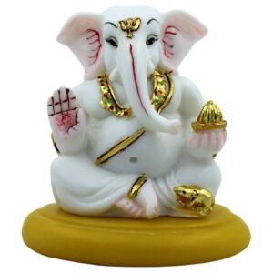 Unique Lord Ganesha Sitting White Color Idol With Golden Ornaments for Home Decor - Karigaari India Aesthetic Home Decor
