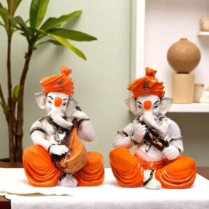 Unique Two Lord Ganesha Playing Instruments Idol Orange Best for Home Decor - Karigaari India Aesthetic Home Decor