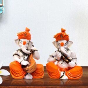 Unique Two Lord Ganesha Playing Instruments Idol Orange Best for Home Decor - Karigaari India Aesthetic Home Decor