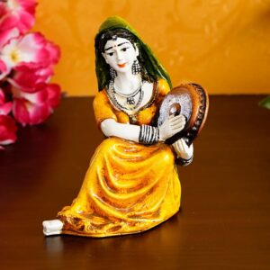 Rajasthani Lady Playing Daphli Resin Statue - Karigaari India Aesthetic Home Decor