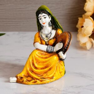 Rajasthani Lady Playing Daphli Resin Statue - Karigaari India Aesthetic Home Decor