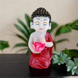Resin Baby Buddha Idol Holding Pink Lotus Flower | Meditating Buddha Statue in Red Robe for Home Decor, Spiritual Corners & Gift Purposes | Vastu & Feng Shui Showpiece - Karigaari India Aesthetic Home Decor