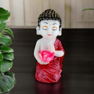 Resin Baby Buddha Idol Holding Pink Lotus Flower | Meditating Buddha Statue in Red Robe for Home Decor, Spiritual Corners & Gift Purposes | Vastu & Feng Shui Showpiece - Karigaari India Aesthetic Home Decor