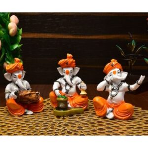 Small Three Lord Ganesha Idol Playing Instruments Best & Unique Design Orange for Home Decor - Karigaari India Aesthetic Home Decor