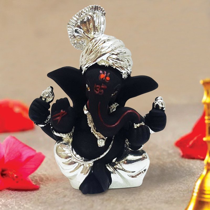 Artistic Stylish Ganesha Wearing Turban In Black Silver Plating For Car Modern Ornament 1 Ganesha Wearing Turban in Black & Silver Plating for Car - Karigaari India Aesthetic Home Decor