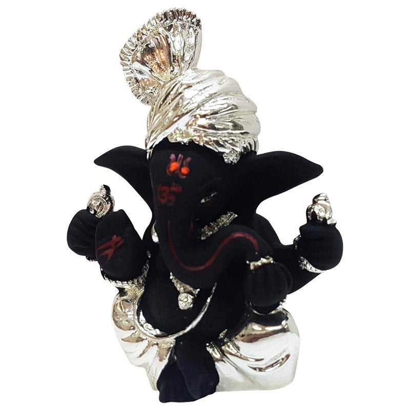 Artistic Stylish Ganesha Wearing Turban In Black Silver Plating For Car Modern Ornament 4 Ganesha Wearing Turban in Black & Silver Plating for Car - Karigaari India Aesthetic Home Decor