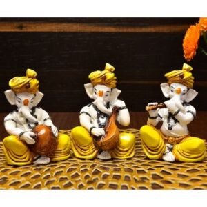Three Little Lord Ganesha Playing Instruments Idol Yellow Color Best for Home Decor - Karigaari India Aesthetic Home Decor