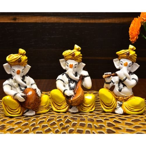 Artistic Three Little Lord Ganesha Playing Instruments Figurine Yellow Color Best For Home Home Decor Premium Home Decor 2 Three Little Lord Ganesha Playing Instruments Idol Yellow Color Best for Home Decor - Karigaari India Aesthetic Home Decor