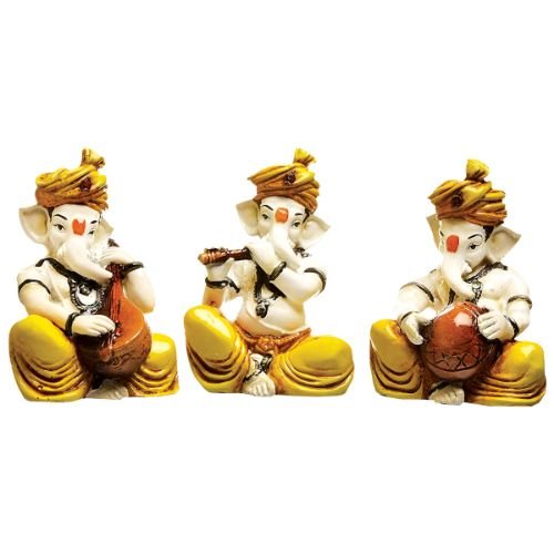 Artistic Three Little Lord Ganesha Playing Instruments Figurine Yellow Color Best For Home Home Decor Premium Home Decor 3 Three Little Lord Ganesha Playing Instruments Idol Yellow Color Best for Home Decor - Karigaari India Aesthetic Home Decor