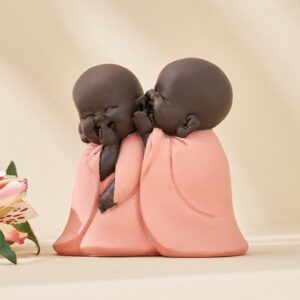Twin Baby Monk Statue in Pink Robes Positive Energy Showpiece for Home Deco-Resin Monk Pair Statue - Karigaari India Aesthetic Home Decor