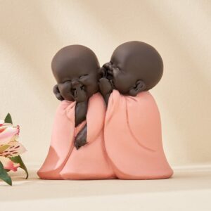 Twin Baby Monk Statue in Pink Robes Positive Energy Showpiece for Home Deco-Resin Monk Pair Statue - Karigaari India Aesthetic Home Decor