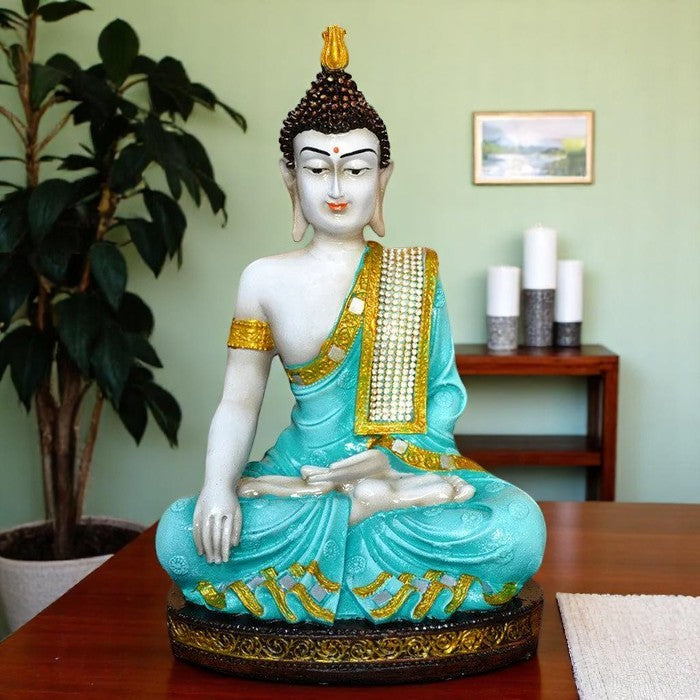 Chic Artisan Ployresin Golden And Sky Blue Colour Sitting Lord Buddha Figurine Display Piece Home Decor Office Home Decor Spiritual Gift Decorative Piece 2 Handcrafted Ployresin Golden And Sky Blue Colour Sitting Lord Buddha Statue Showpiece Home Decor/Office Decor/Spiritual Gift - Karigaari India Aesthetic Home Decor