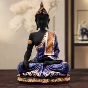 Handcrafted Ployresin Lord Buddha Meditating Statue Sitting On Golden Colour Table Showpiece Home Decor/Office Decor/Spiritual Gift, Black And Dark Purple Colour - Karigaari India Aesthetic Home Decor