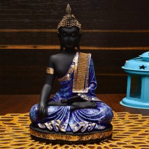 Handcrafted Ployresin Lord Buddha Meditating Statue Sitting On Golden Colour Table Showpiece Home Decor/Office Decor/Spiritual Gift, Black And Dark Purple Colour - Karigaari India Aesthetic Home Decor