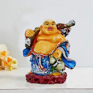 Handcrafted Ployresin Lord Buddha Standing With Laughing Multicolour Statue Showpiece Home Decor/Office Decor/Spiritual Gift,Blue And White - Karigaari India Aesthetic Home Decor
