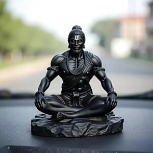 Black Meditating Hanuman Idol for Dashboard - Karigaari India Aesthetic Home Decor