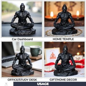 Black Meditating Hanuman Idol for Dashboard - Karigaari India Aesthetic Home Decor