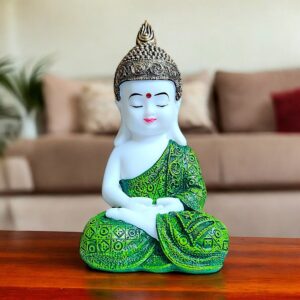 Meditation Buddha Statue Green Robe | Sitting Buddha Figurine Resin Home Decor | Zen Buddhist Gift | Mindfulness Yoga Room Decoration | Spiritual Feng Shui Good Luck Ornament | - Karigaari India Aesthetic Home Decor