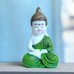 Meditation Buddha Statue Green Robe | Sitting Buddha Figurine Resin Home Decor | Zen Buddhist Gift | Mindfulness Yoga Room Decoration | Spiritual Feng Shui Good Luck Ornament | - Karigaari India Aesthetic Home Decor