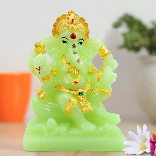 Unique Design Lord Ganesha Sitting Idol Green And Golden Color Best for Home Decor - Karigaari India Aesthetic Home Decor
