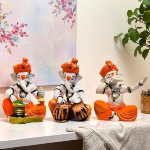 Three Lord Ganesha Idol Playing Instruments Best & Unique Design Orange for Home Decor - Karigaari India Aesthetic Home Decor