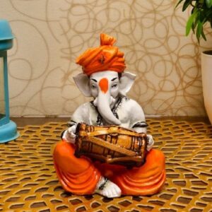 Unique Little Lord Ganesha Playing Dhol Idol Orange Best for Home Decor - Karigaari India Aesthetic Home Decor