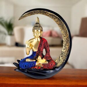 "Resin Meditating Buddha Idol on Crescent Moon Handcrafted Home Decor & Spiritual Gift | Peaceful Tabletop Accent for Living Room, Office & Meditation Space" - Karigaari India Aesthetic Home Decor