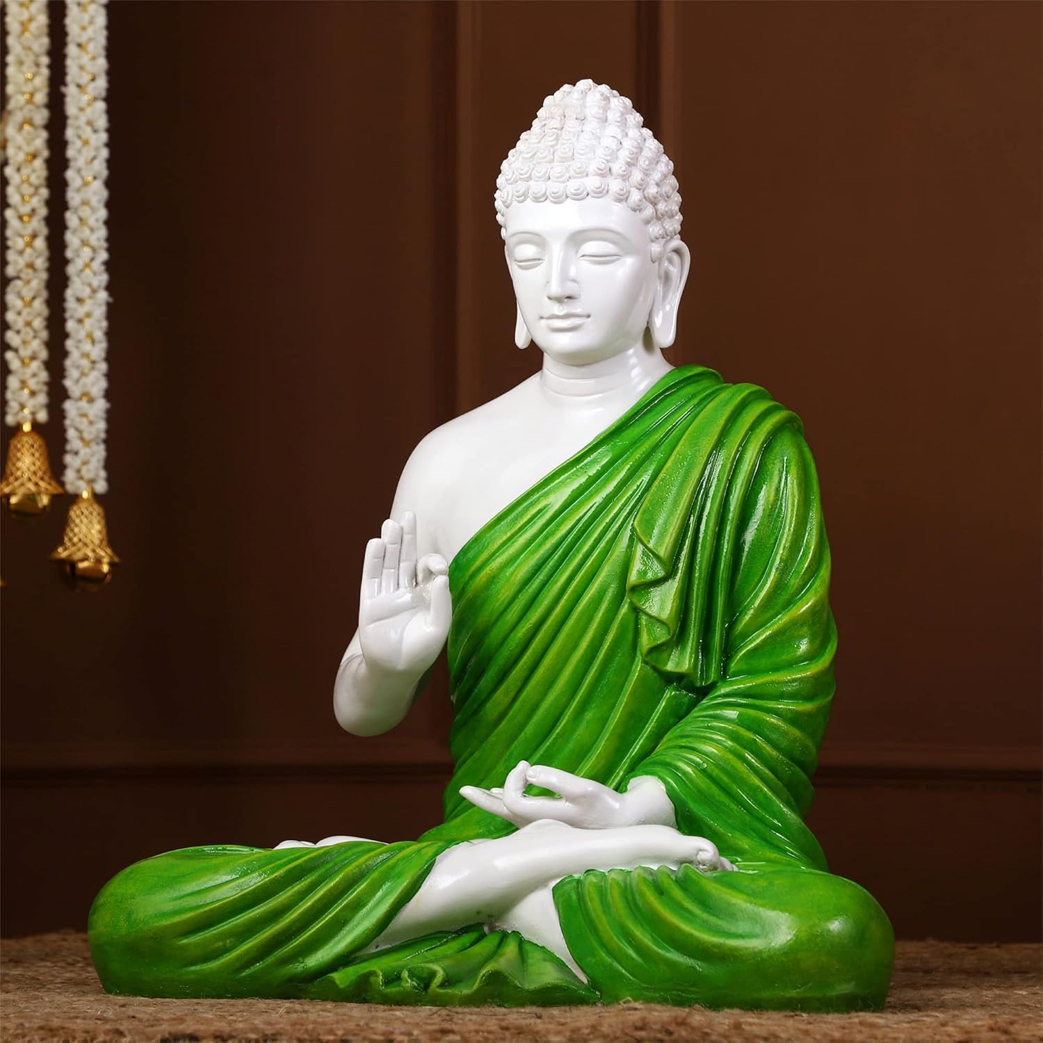 Chic Serene Meditating Buddha Figurine White Green Resin Home Decor Decorative Piece 2 Serene Meditating Buddha Idol White & Green Resin Decor - Karigaari India Aesthetic Home Decor