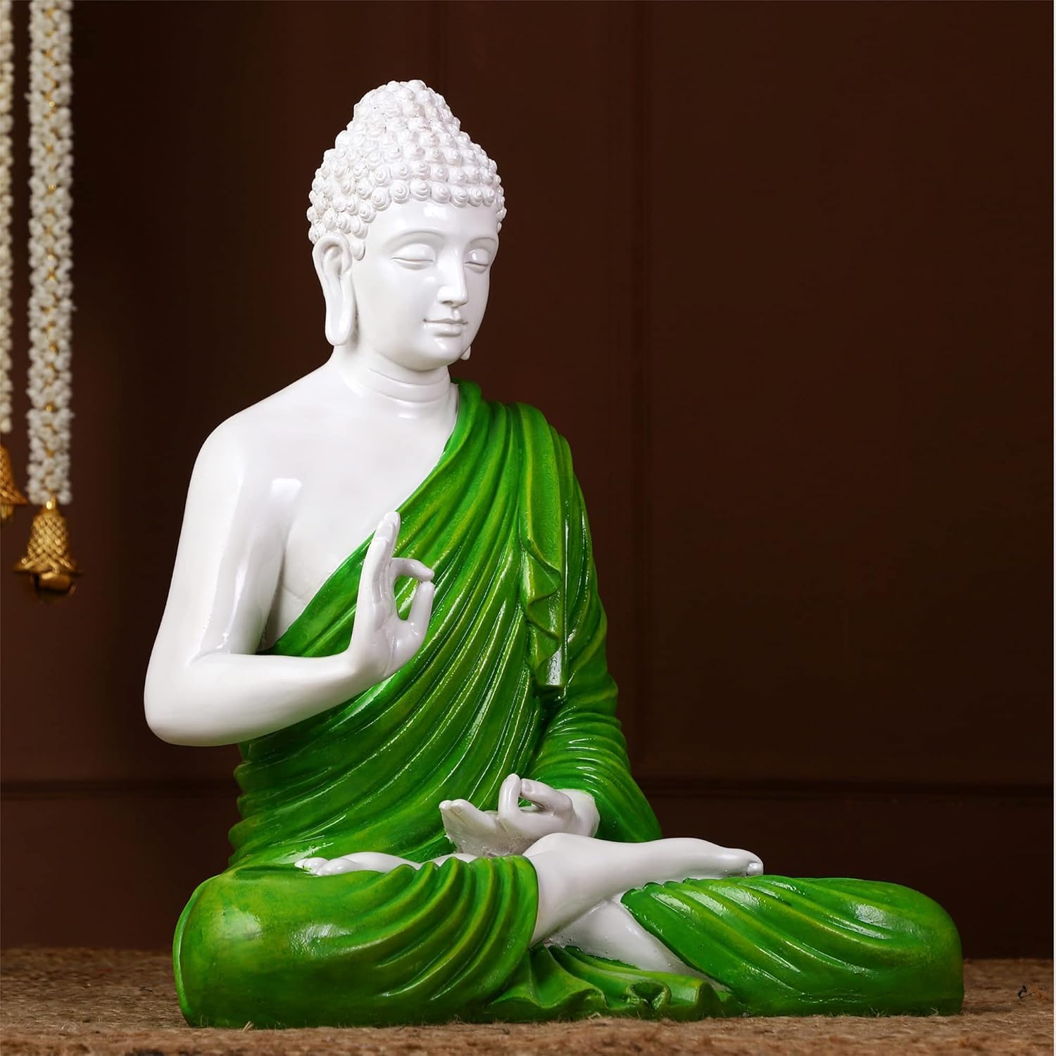 Chic Serene Meditating Buddha Figurine White Green Resin Home Decor Decorative Piece 3 Serene Meditating Buddha Idol White & Green Resin Decor - Karigaari India Aesthetic Home Decor