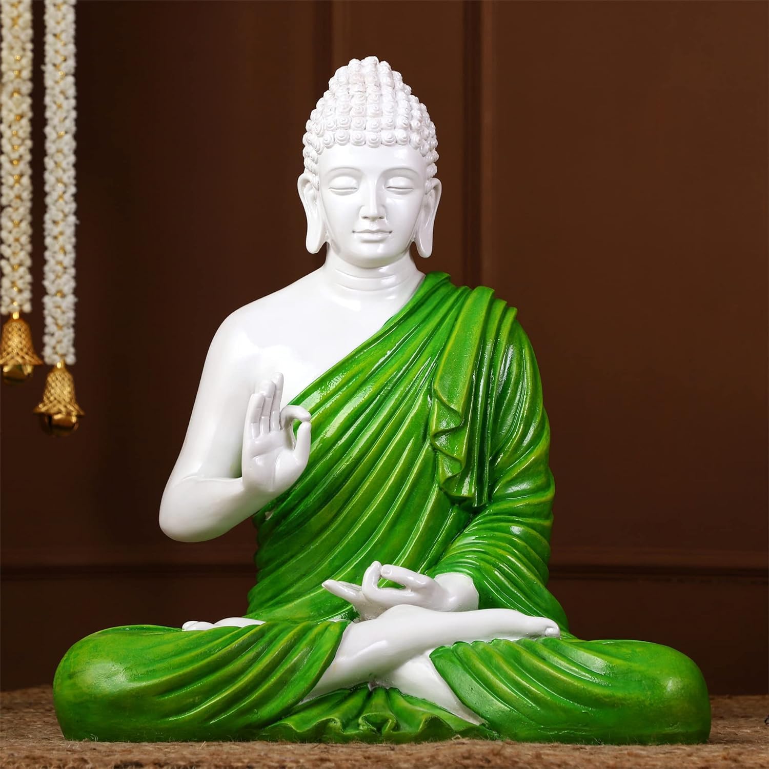 Chic Serene Meditating Buddha Figurine White Green Resin Home Decor Decorative Piece 4 Serene Meditating Buddha Idol White & Green Resin Decor - Karigaari India Aesthetic Home Decor